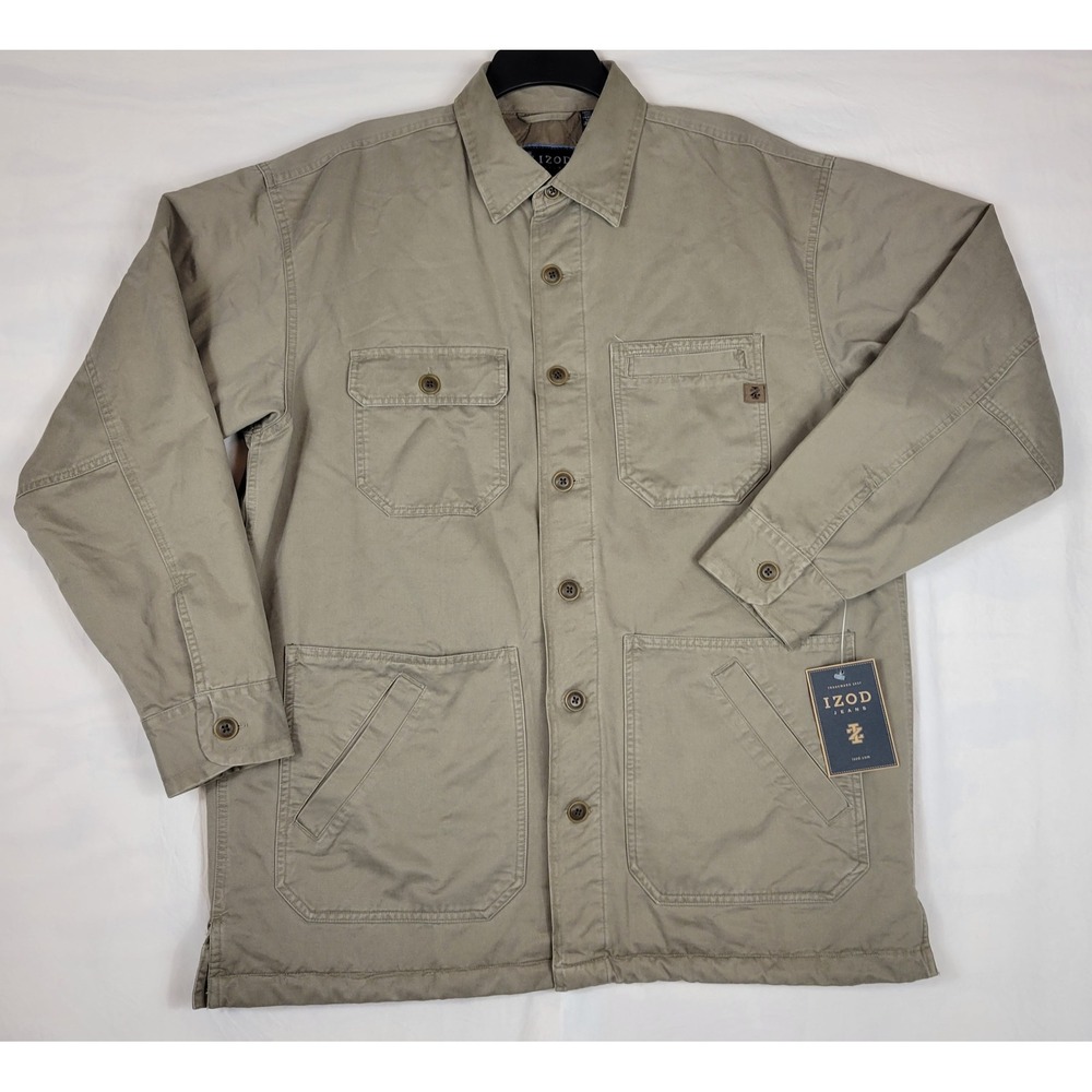Izod Jeans Mens Tan Cotton Twill Quilted Lined Chore Coat Jacket NWT Large